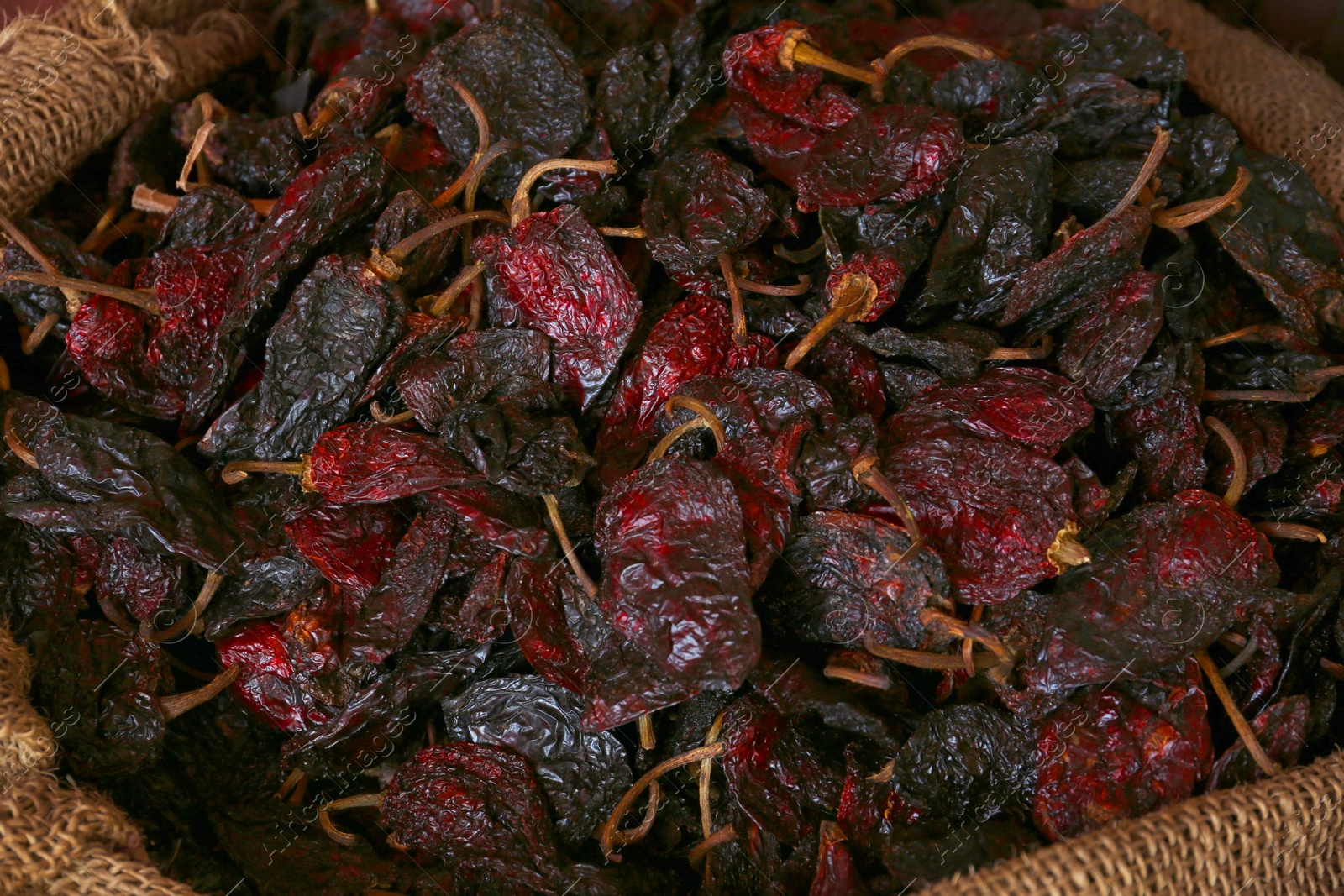 Photo of Heap of Ancho chile peppers in sack, closeup