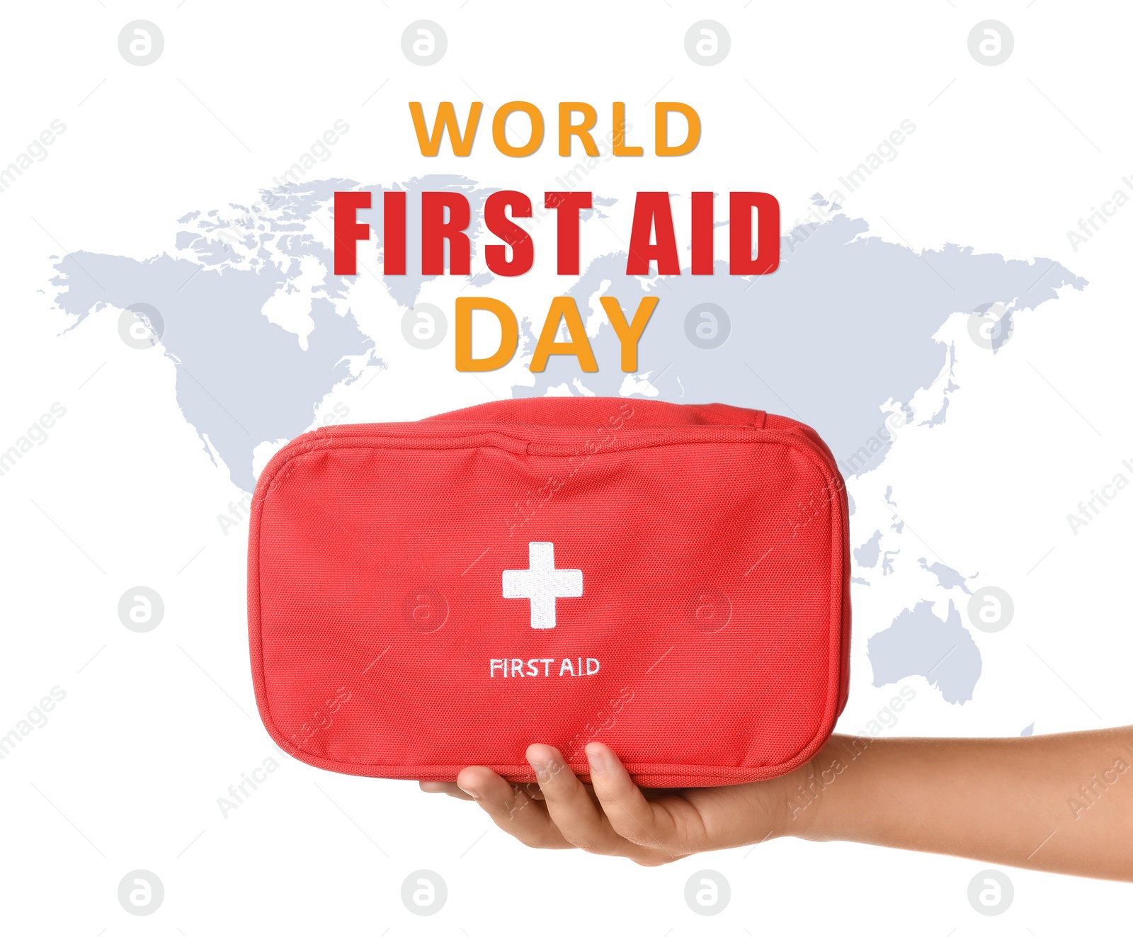 Image of World First Aid Day. Woman holding kit of medical supplies and map on background, illustration