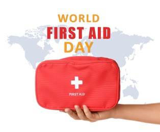 Image of World First Aid Day. Woman holding kit of medical supplies and map on background, illustration