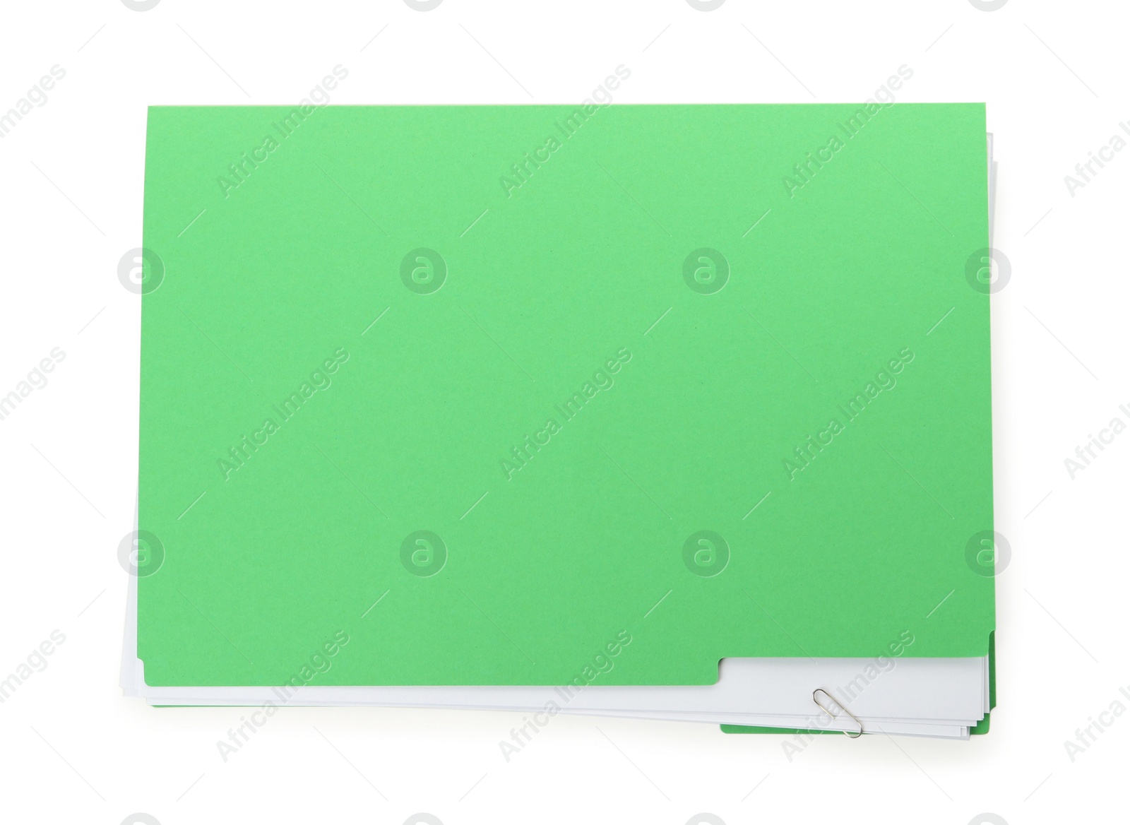 Photo of Light green file with documents isolated on white, top view