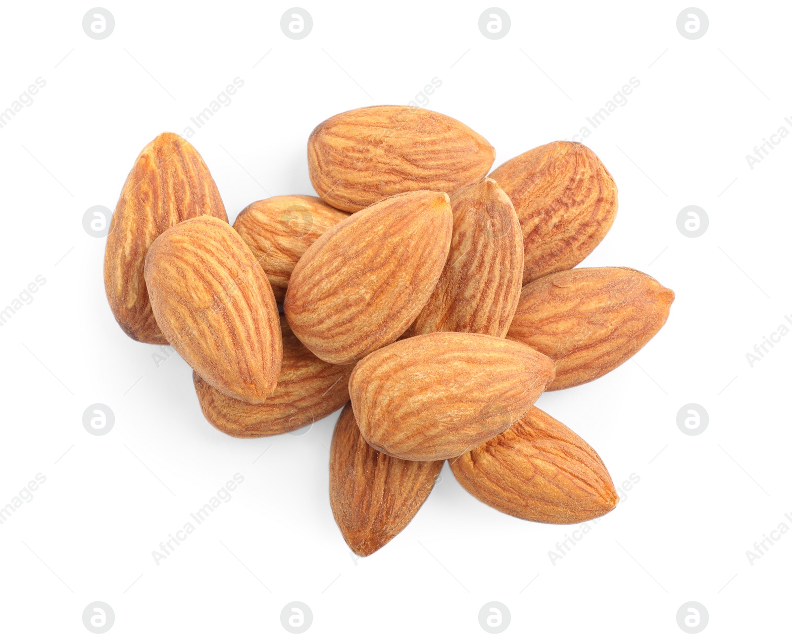 Photo of Organic dried apricot kernels on white background, top view