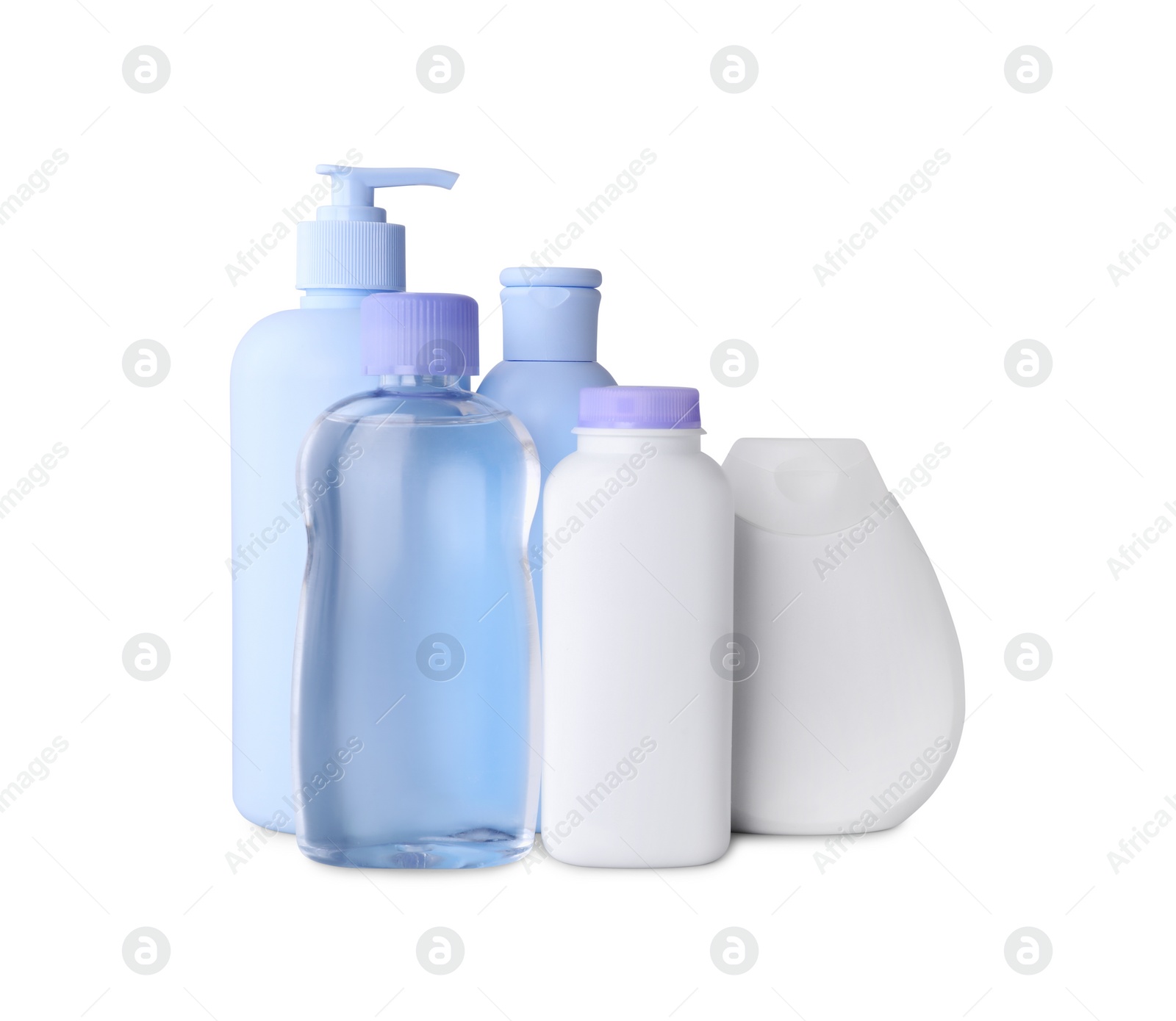 Photo of Blank bottles with baby cosmetic products isolated on white