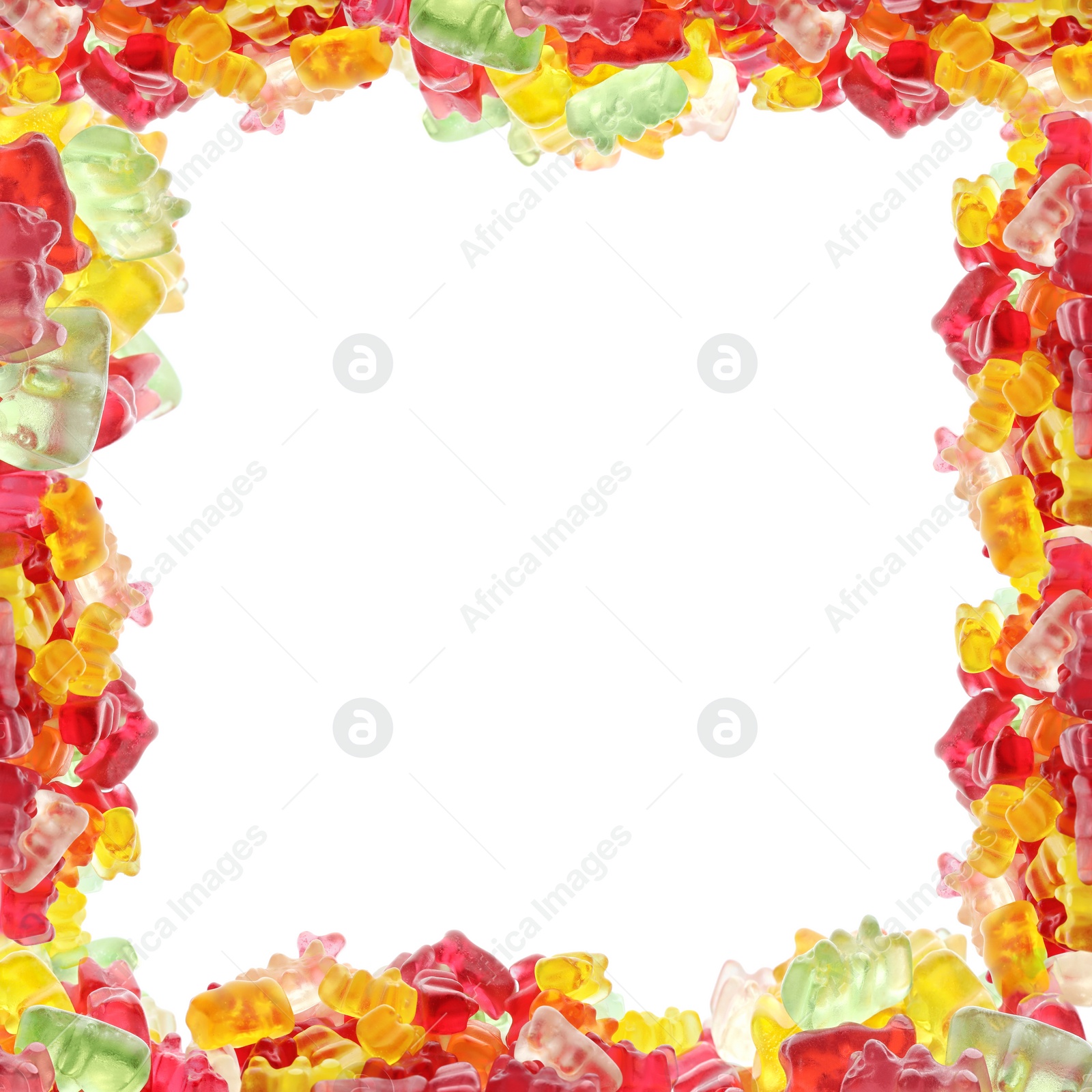 Image of Frame made of delicious jelly bears on white background