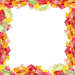 Image of Frame made of delicious jelly bears on white background