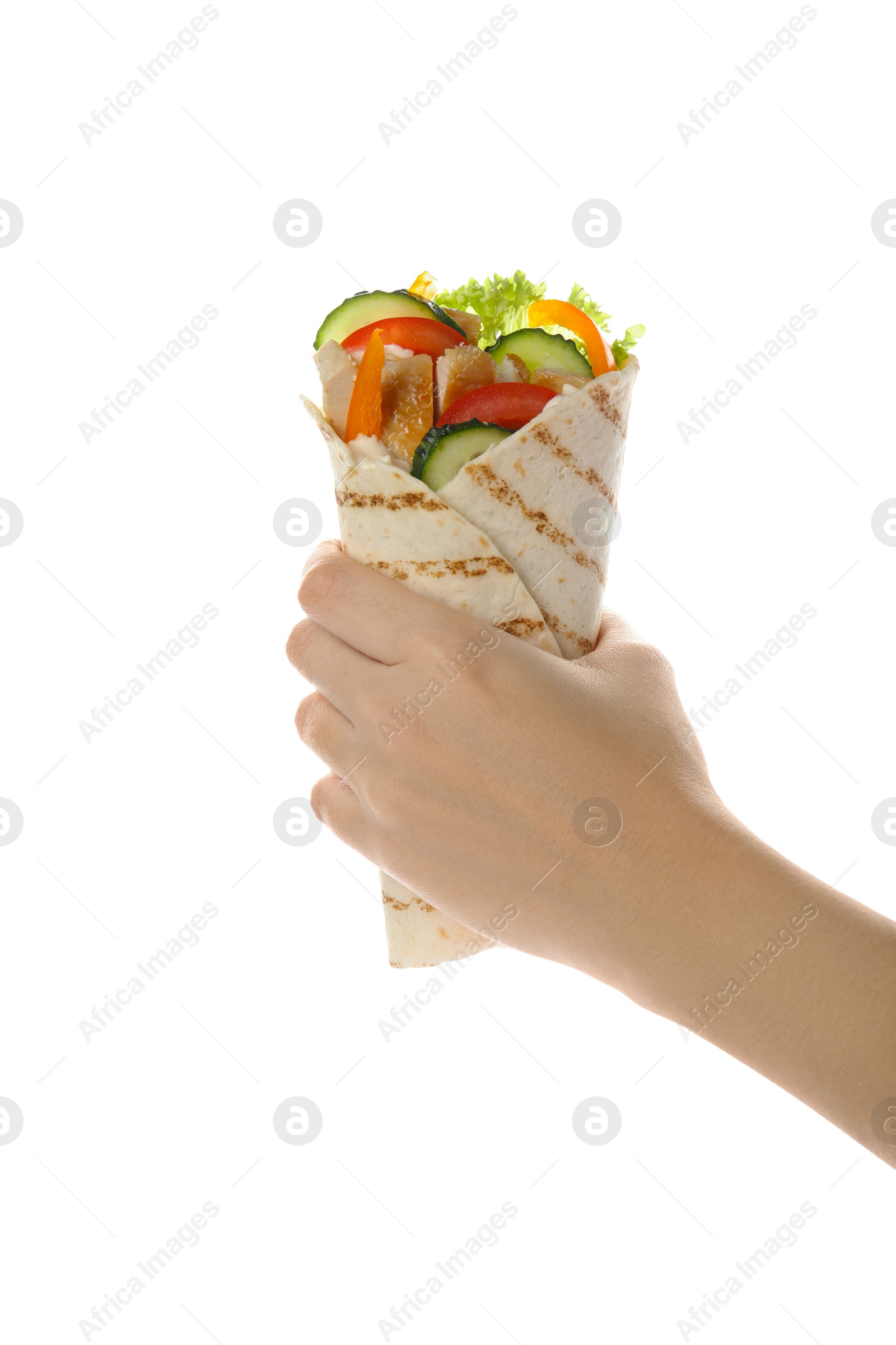 Photo of Woman holding tasty chicken shawarma on white background, closeup