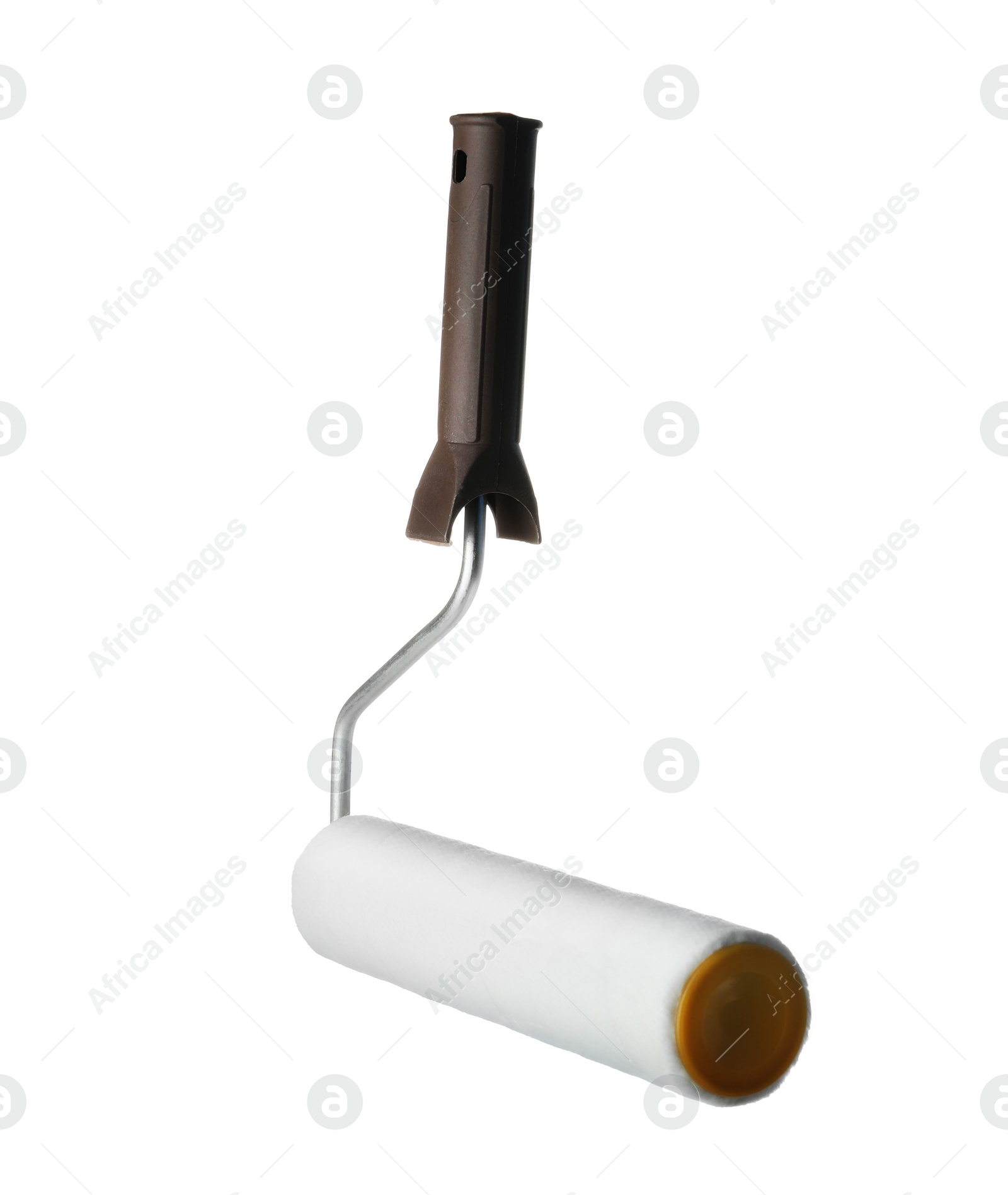 Photo of New paint roller brush on white background