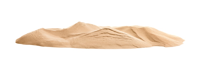 Photo of Pile of dry beach sand on white background