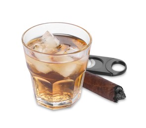 Photo of Glass of whiskey, burnt cigar and cutter isolated on white