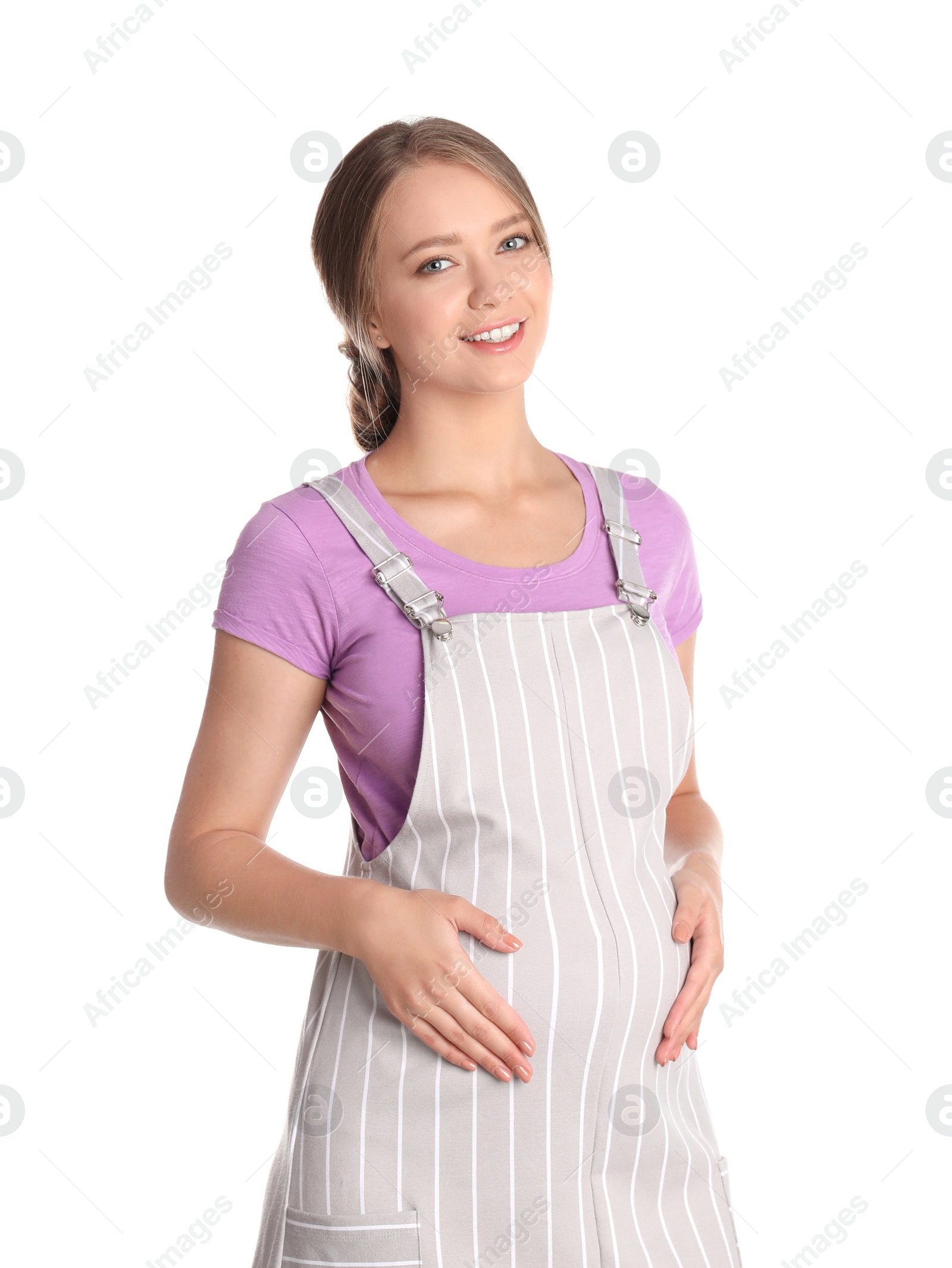 Photo of Happy pregnant woman touching her belly on white background