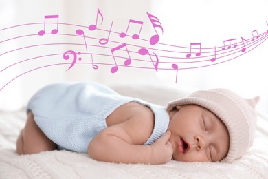 Lullaby songs. Cute little baby sleeping at home. Illustration of flying music notes over child