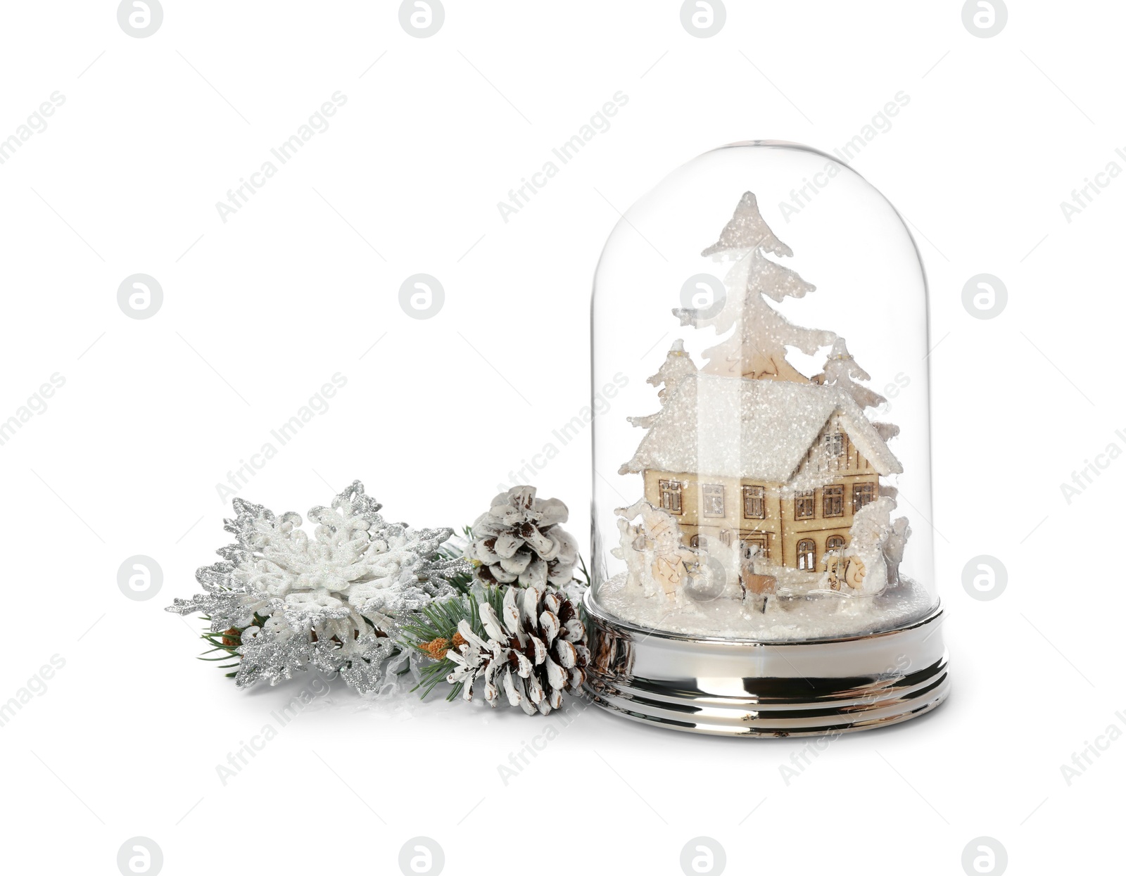 Photo of Beautiful snow globe and Christmas decor on white background