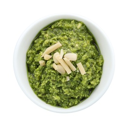 Photo of Bowl of tasty pesto sauce isolated on white, top view
