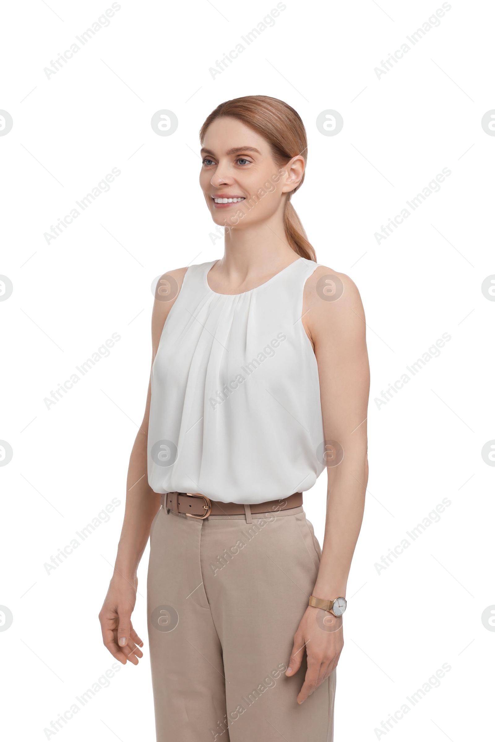 Photo of Beautiful happy businesswoman posing on white background