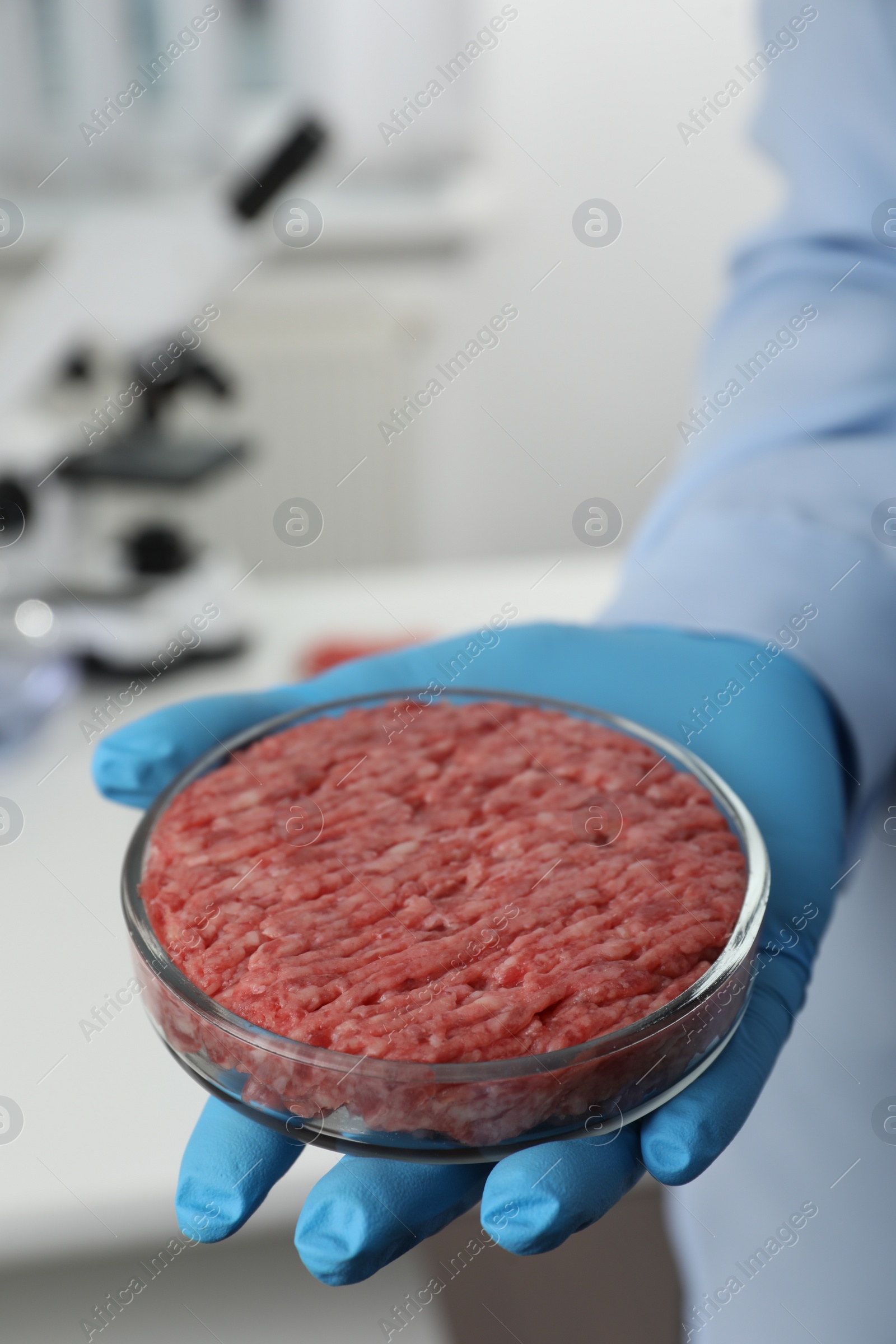 Photo of Scientist holding Petri dish with minced cultured meat in laboratory, closeup
