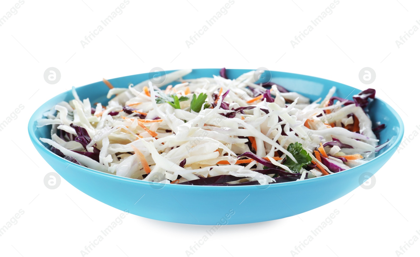 Photo of Plate of tasty cabbage salad isolated on white