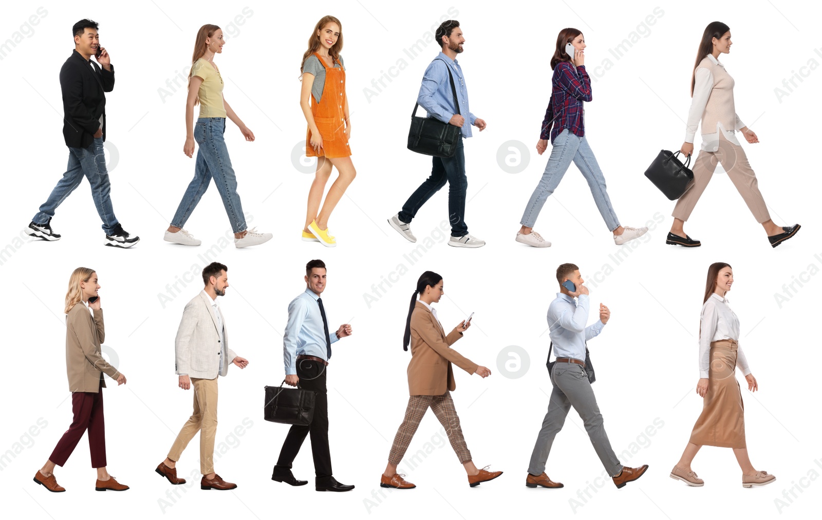 Image of Collage with photos of people wearing stylish outfit walking on white background