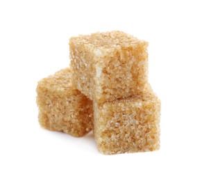 Photo of Three brown sugar cubes isolated on white