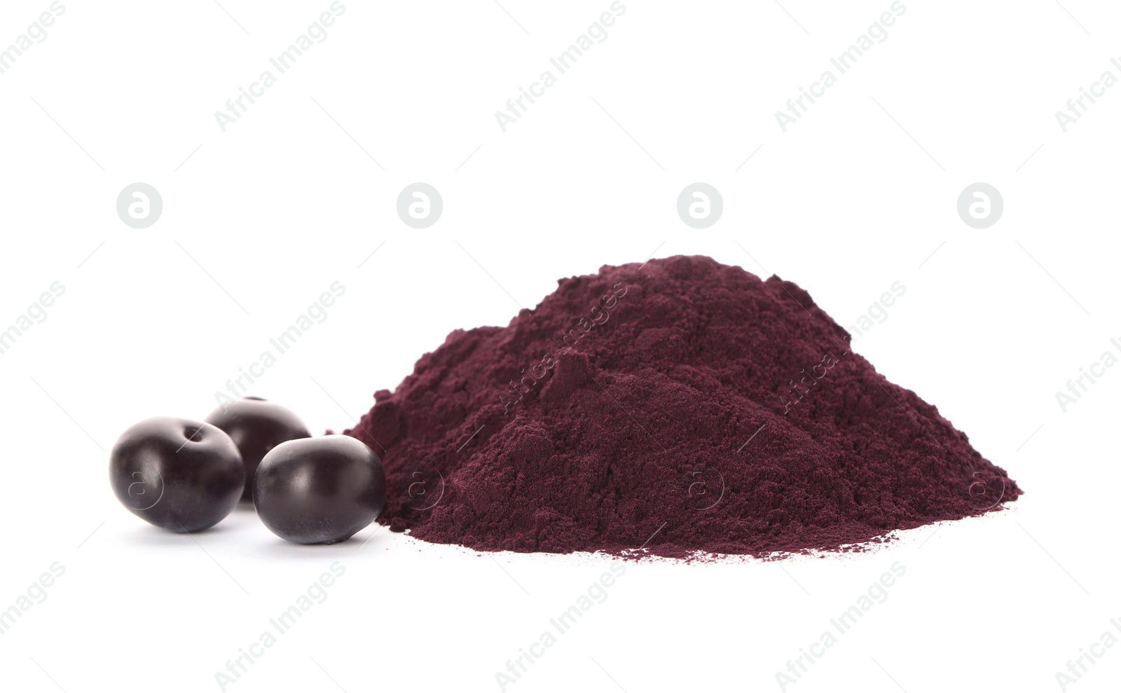 Photo of Pile of acai powder and berries on white background