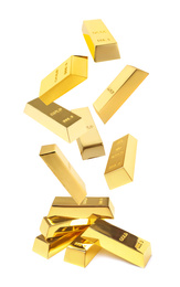 Image of Shiny gold bars falling onto heap on white background