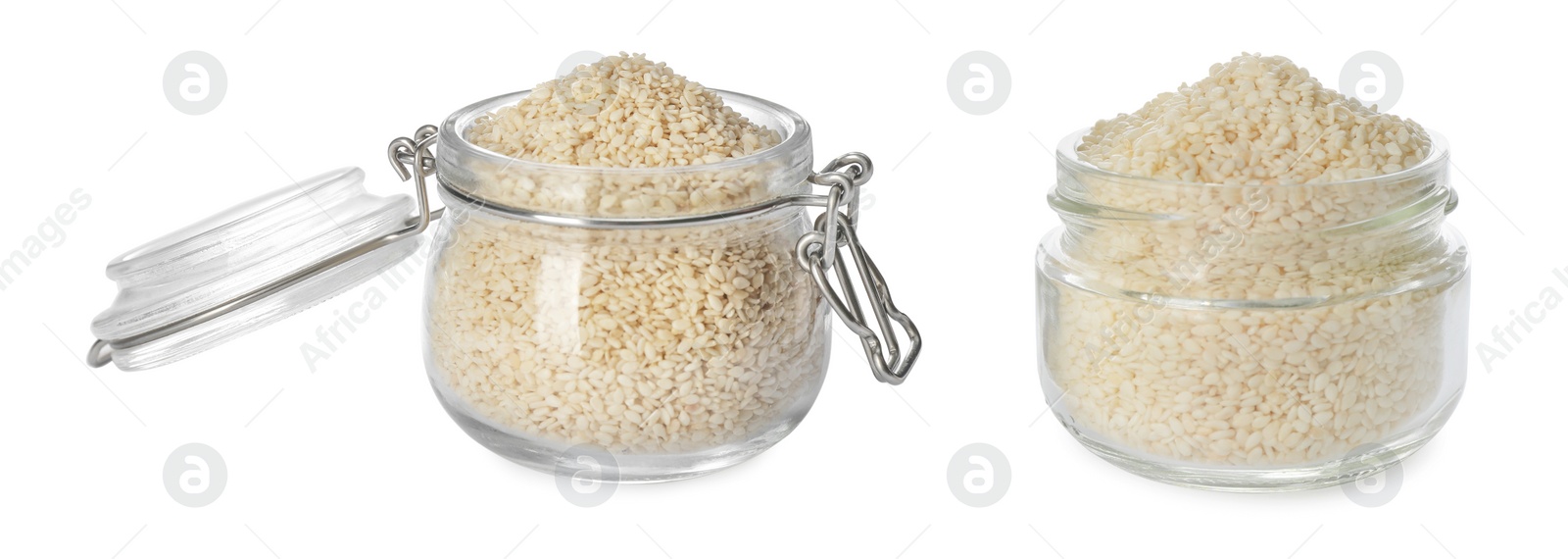 Image of Sesame seeds in glass jars on white background. Banner design