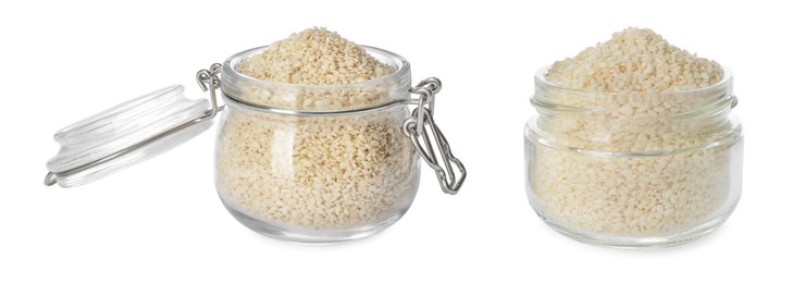 Image of Sesame seeds in glass jars on white background. Banner design