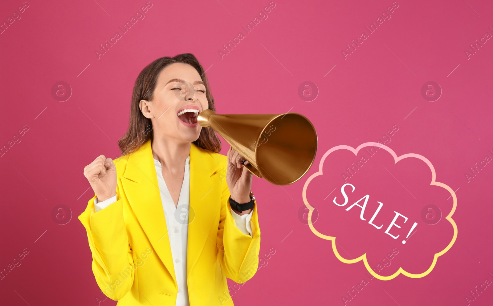 Image of Young woman with megaphone on pink background