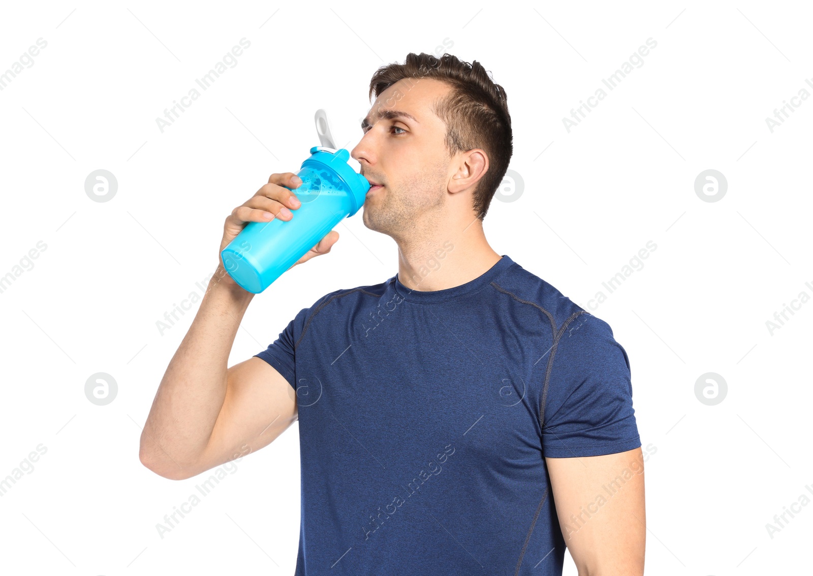 Photo of Portrait of man drinking protein shake on white background