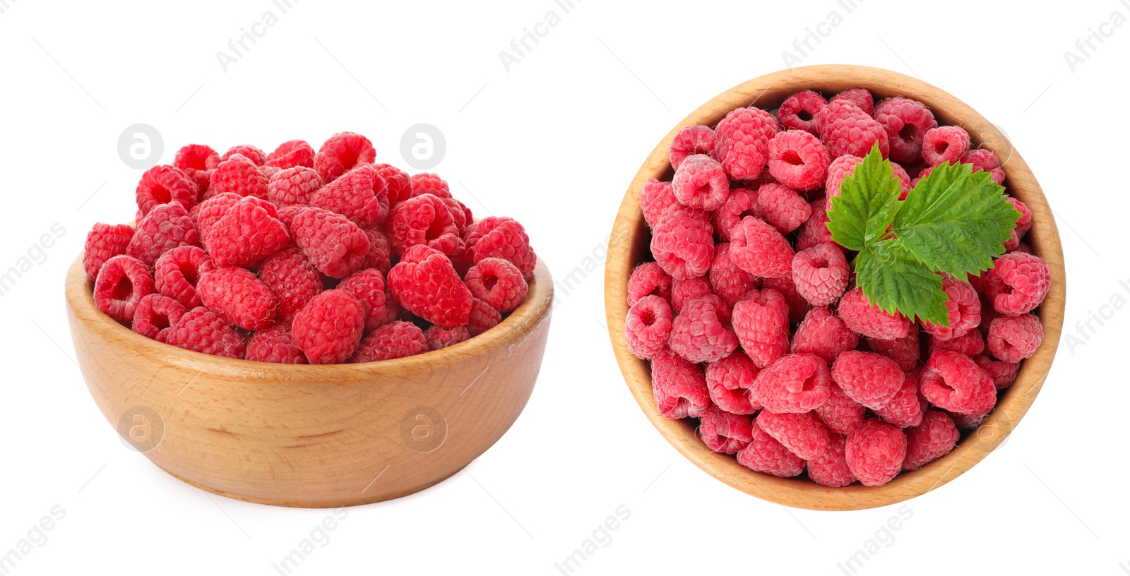 Image of Bowls with fresh ripe raspberries on white background. Banner design