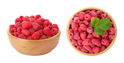 Bowls with fresh ripe raspberries on white background. Banner design