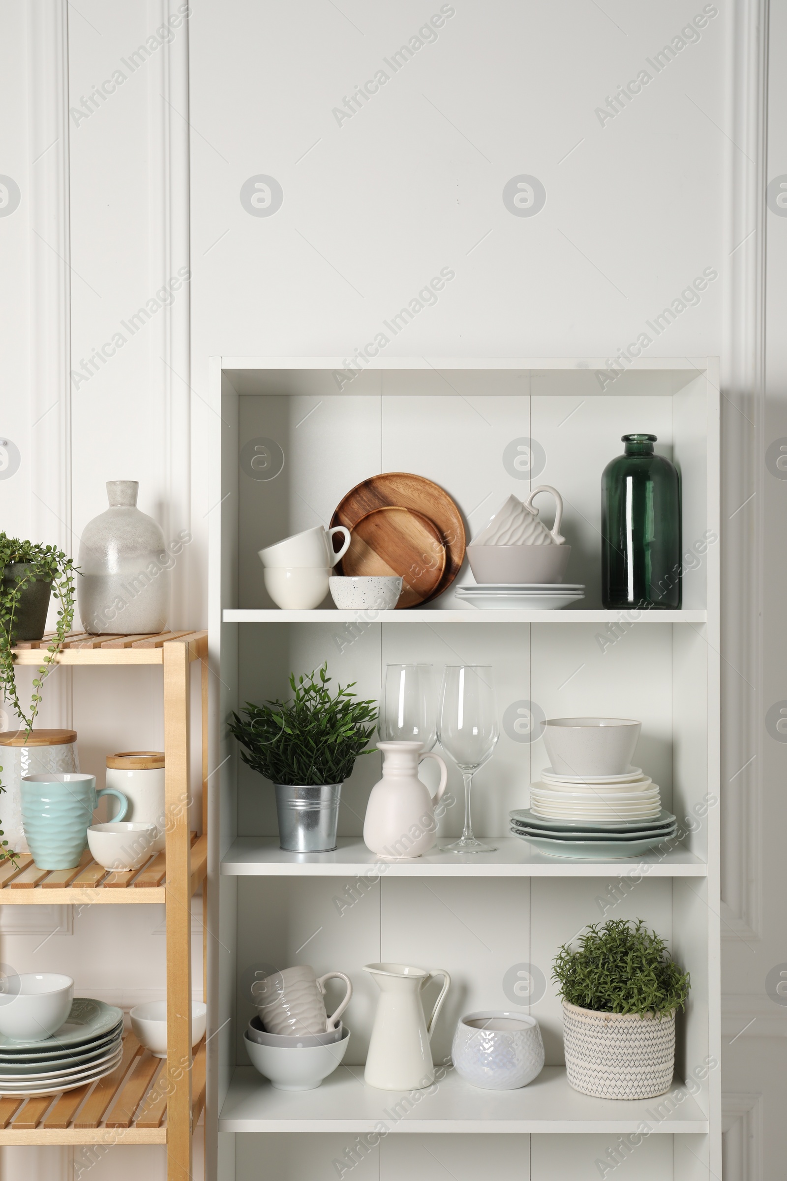 Photo of Different clean dishware and houseplants on shelves in cabinet indoors