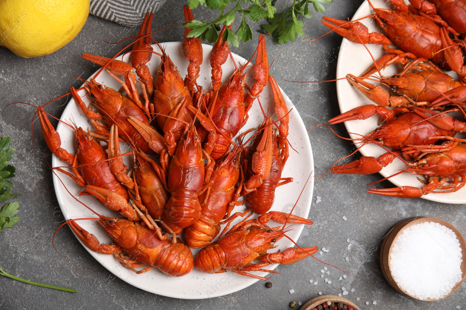 Photo of Flat lay composition with delicious boiled crayfishes on grey table