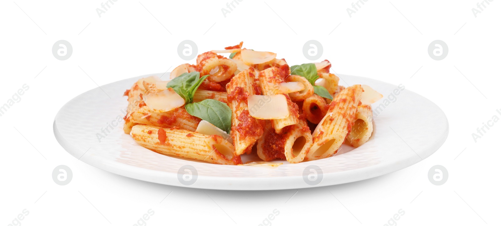 Photo of Tasty pasta with tomato sauce, cheese and basil isolated on white