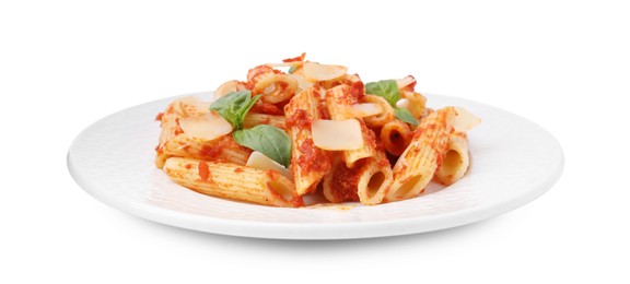 Tasty pasta with tomato sauce, cheese and basil isolated on white