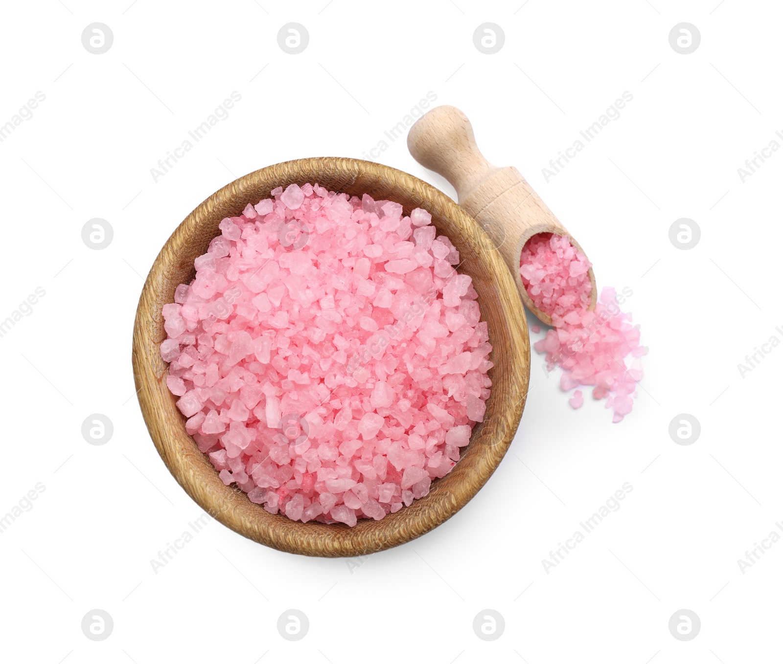 Photo of Bowl and scoop with pink sea salt isolated on white, top view