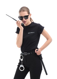 Photo of Female security guard using portable radio transmitter on white background