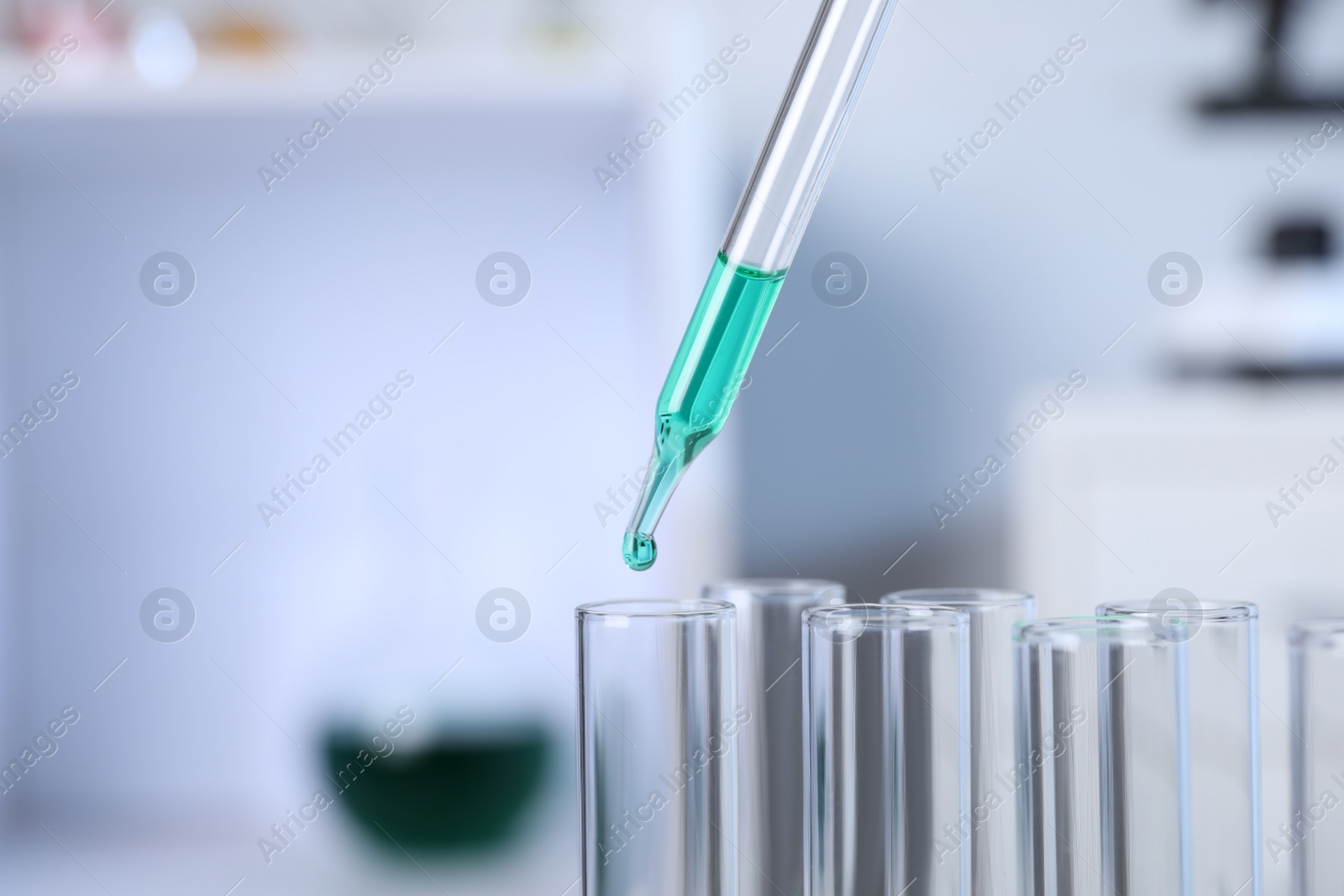 Photo of Dripping sample into test tube in chemistry laboratory, closeup