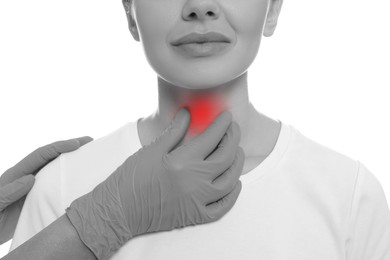 Image of Endocrinologist examining thyroid gland of patient on white background, closeup. Color accent effect