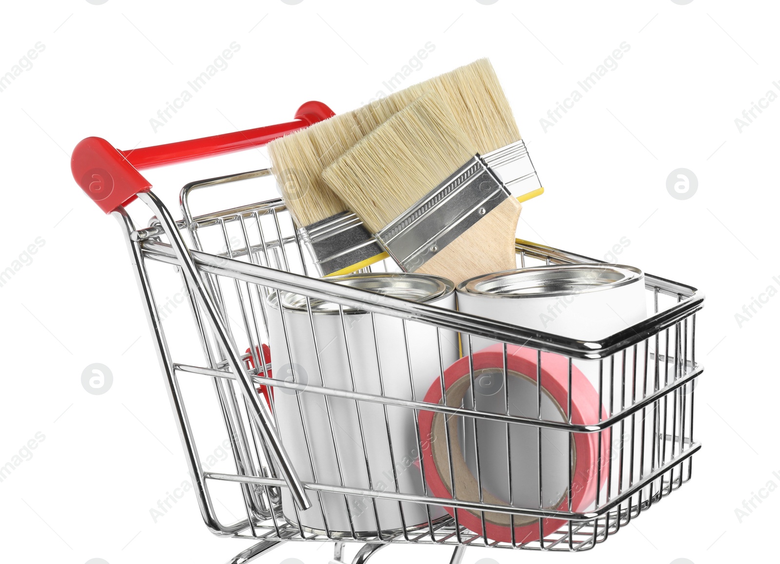 Photo of Small shopping cart with set of painting tools isolated on white