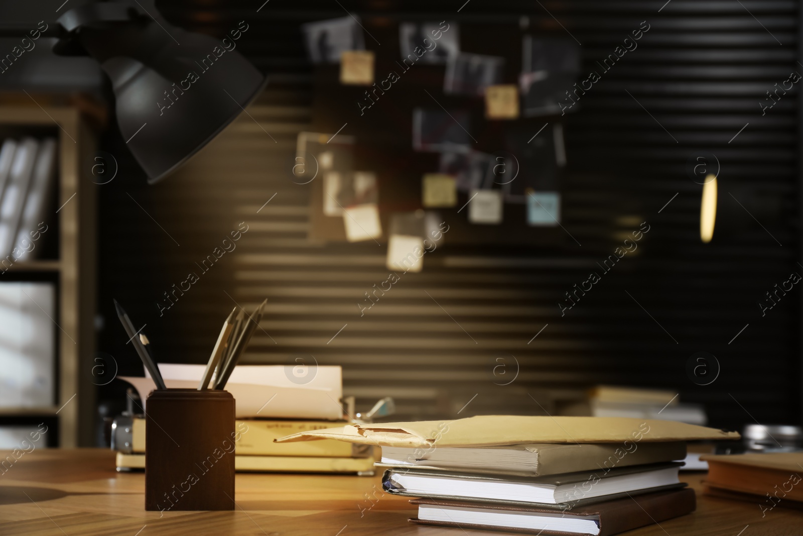 Photo of Detective office interior with evidence board on wall