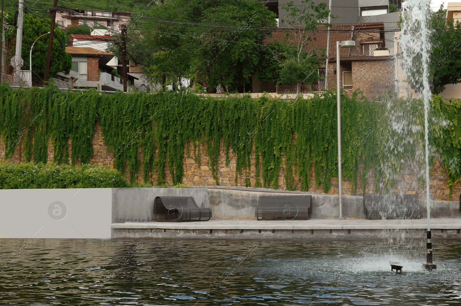 Photo of Beautiful view of pond with fountain in park