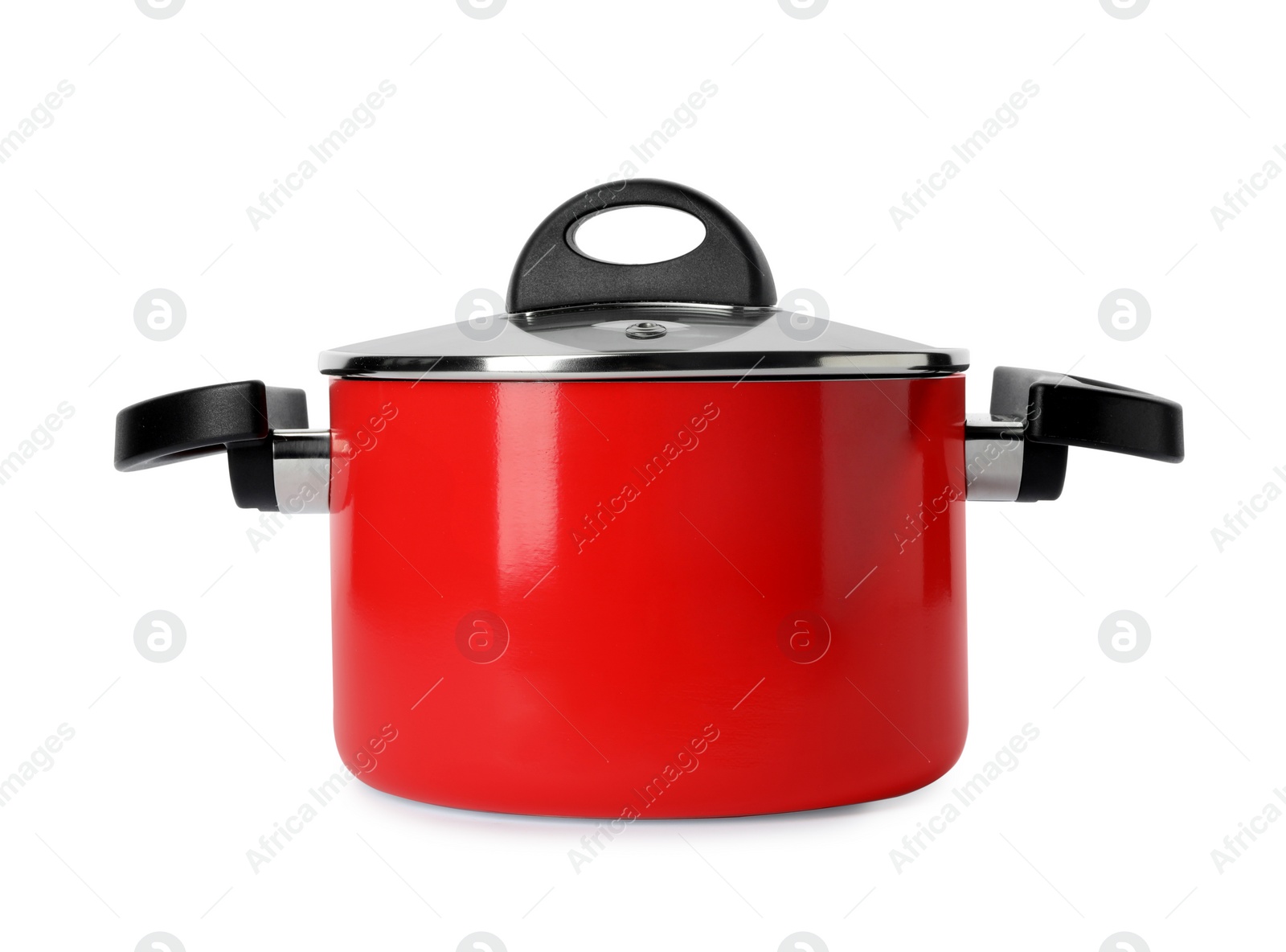 Photo of Modern red pot with lid isolated on white