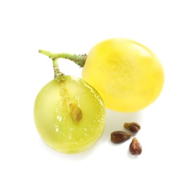 Photo of Cut and whole fresh ripe juicy grapes with seeds on white background