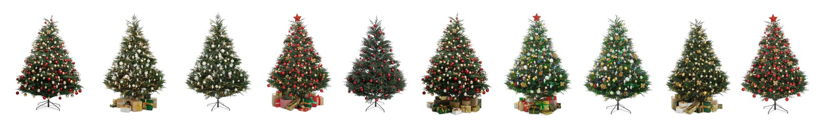 Image of Different beautifully decorated Christmas trees isolated on white, collection