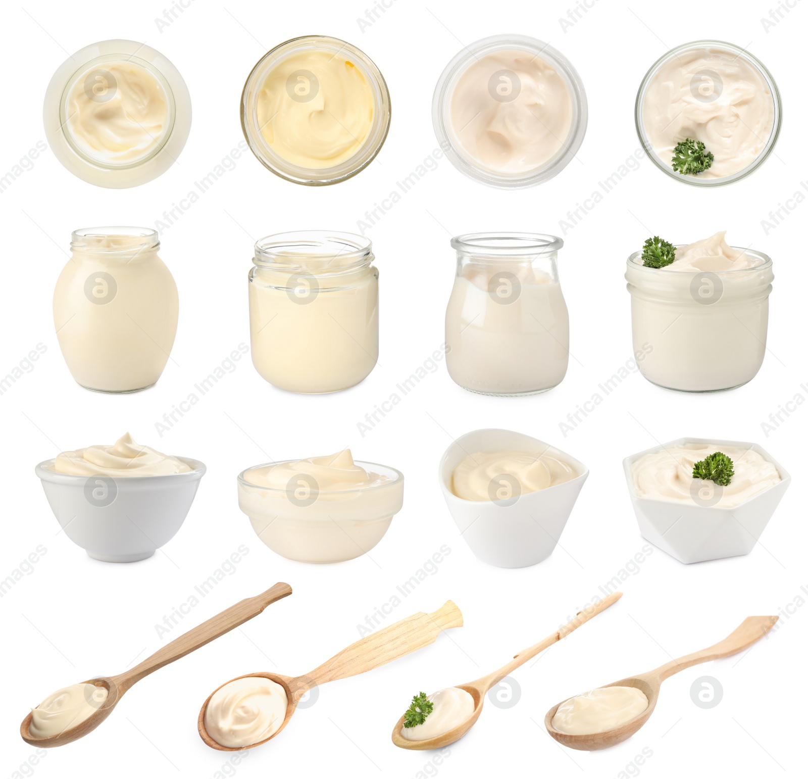 Image of Set with tasty mayonnaise on white background