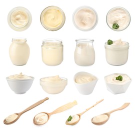 Set with tasty mayonnaise on white background