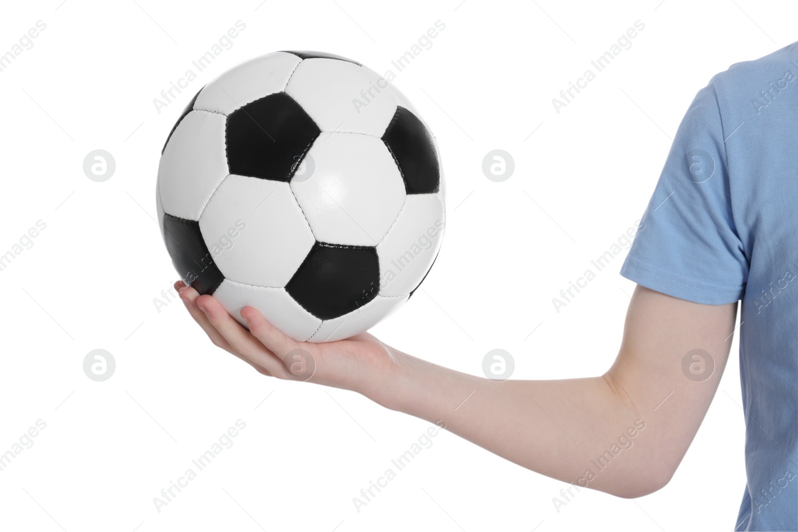 Photo of Boy with soccer ball on white background, closeup