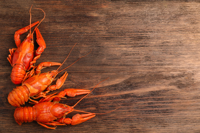 Delicious boiled crayfishes on wooden table, flat lay. Space for text