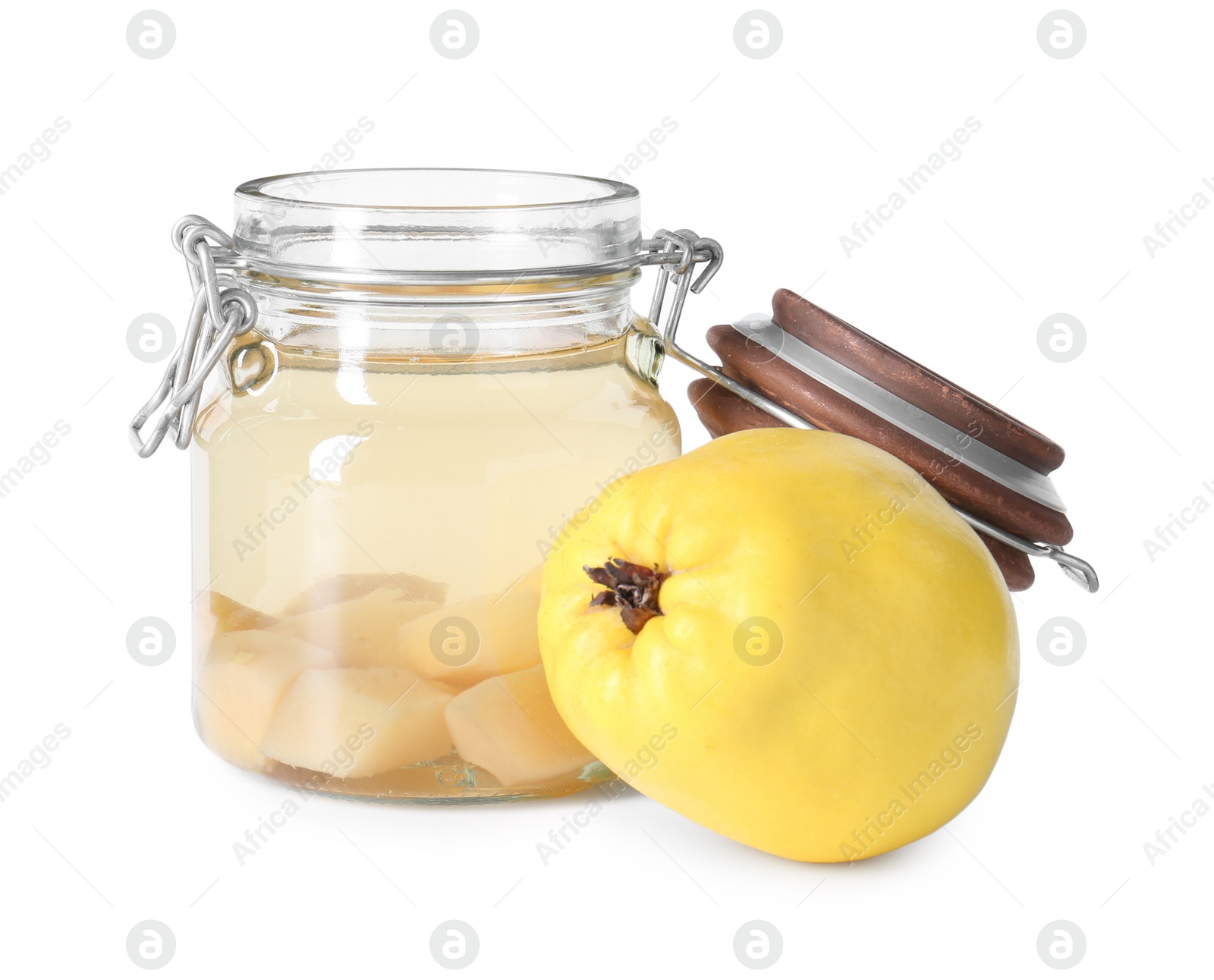 Photo of Delicious quince drink in glass jar and fresh fruit isolated on white