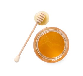 Tasty honey in glass jar and dipper isolated on white, top view. Space for text