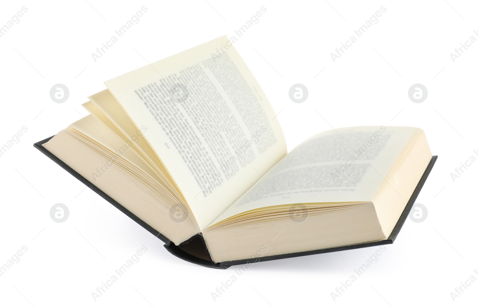 Photo of Open black hardcover book isolated on white